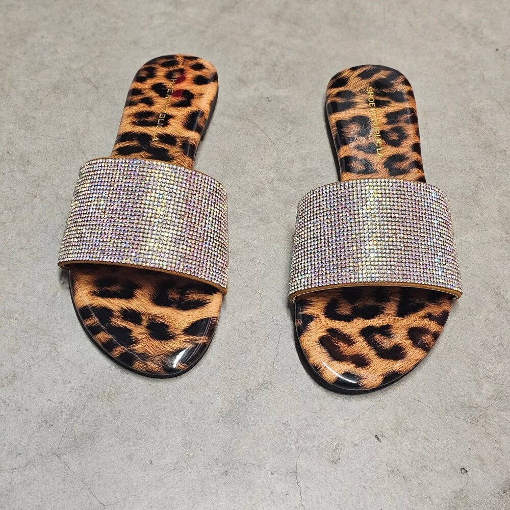 Leopard Print Slides With Rhinestone Straps Stylish Womens Sandals - Picture 7 of 7